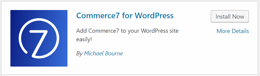 Commerce7 for WordPress plugin listing showing the install button