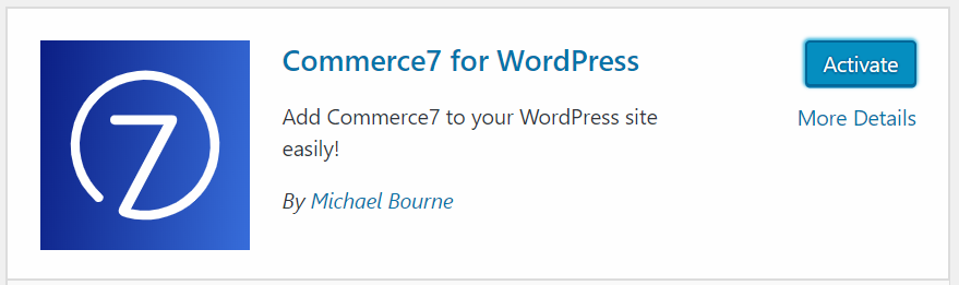 Commerce7 for WordPress plugin listing showing the activate button