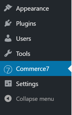 Commerce7 menu item inside of WordPress
